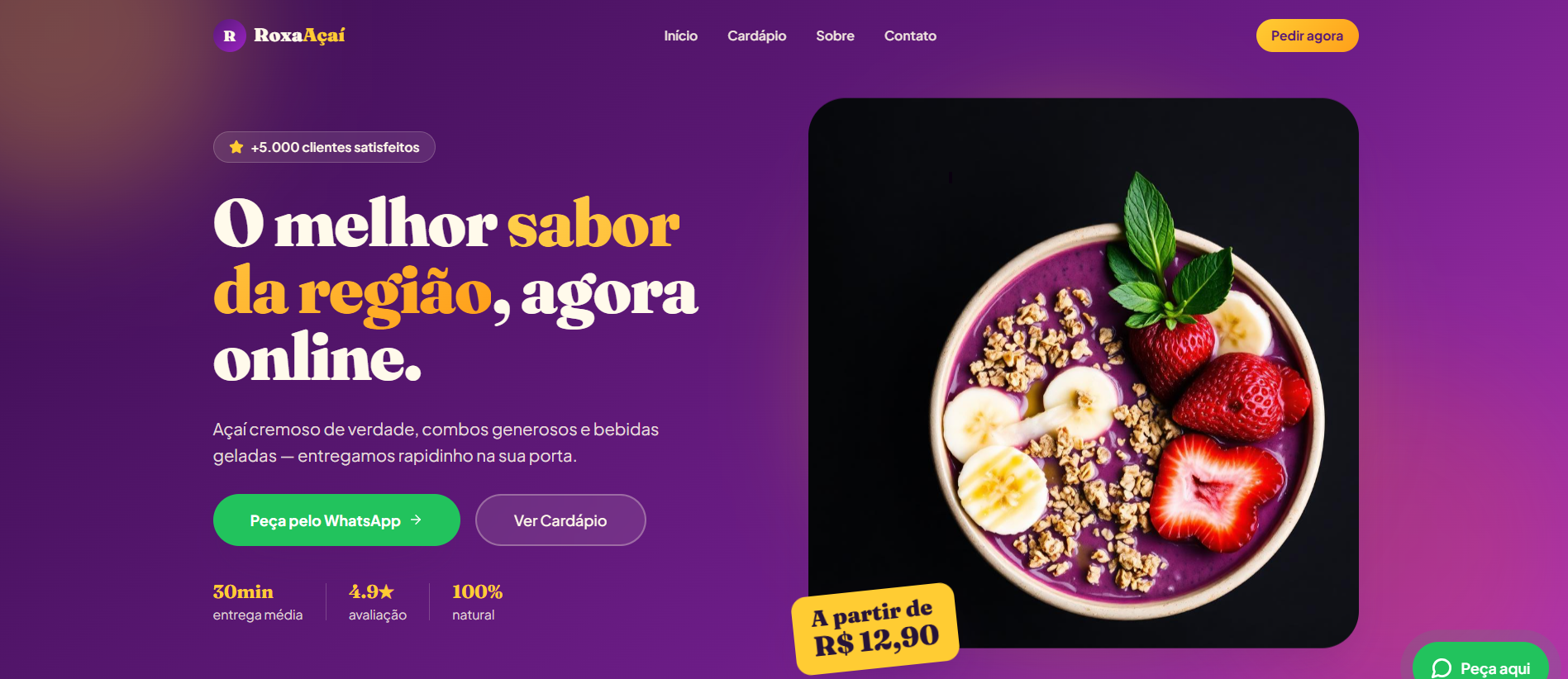 Landing Page de página de vendas para negócio de Açaí